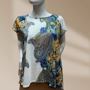 Chicos Sz 1 Womens Colorful Paisley Print Top W Color Stud Sparkle Embellishment